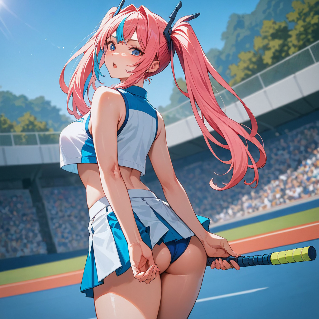 score_9, score_8_up, score_7_up, best quality, masterpiece, source_anime,  BREAK
1girl, pink hair, twintails, sportswear, two-tone skirt,  skirt,, two-tone shirt, long hair, tennis uniform, multicolored hair, breasts, ass, crop top overhang, arms behind back, hair ornament, shirt, sleeveless, sleeveless shirt, streaked hair, bangs, bam
<lora:bam:1>
,