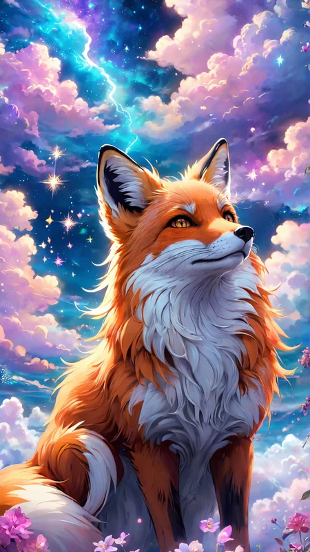 2D anime screencap, serene fox in a mystical cloudscape, intricate details, vibrant colors, ethereal lighting, glowing accents, soft natural lighting, ethereal glow, detailed background, dreamy atmosphere, realistic shadows, fine details in fur and clouds, ultra-quality, magical elements, peaceful expression, closed eyes, enchanting setting, swirling clouds, floating stars, whimsical composition, calm ambiance, delicate line work