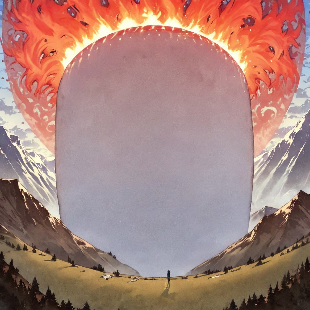 score_9, score_8_up, score_7_up, masterpiece, very high quality, giant WC-pot, WC-pot towering above mountains, mountains, trees, flaming sun, surreal feeling, epiCPhoto, epic landscapes, fantasybg, in the style of david-wiesner