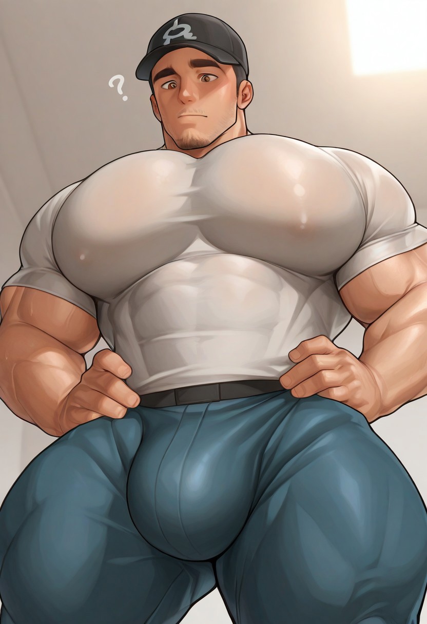 masterpiece, best quality, absurdres, newest, perfect quality, best quality, bara, highest resolution, fair skin, perfect lighting, male, 1man, male focus, facial hair, stubble, mustache, thick eyebrows, daddy, mature man, team_aqua_grunt, black hair, short hair, brown eyes, white shirt, decorated shirt, blue pants, male pectoral, big pecs, boobs, breasts, wearing black baseball cap, hands on waist, low angle view, upper body focus, confused, closed mouth, athletic build, muscular, narrow waist, thick thighs, looking down at viewer, bulge, very hot, mysterious background