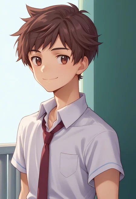 score_9, score_8_up, source_anime, highly detailed, 1boy, solo, skinny,
kazuki, 1boy, male focus, brown hair, solo, necktie, shirt, brown eyes, white shirt, collared shirt, closed mouth, red necktie, short hair, school uniform, bangs, upper body, smile,
indoor,