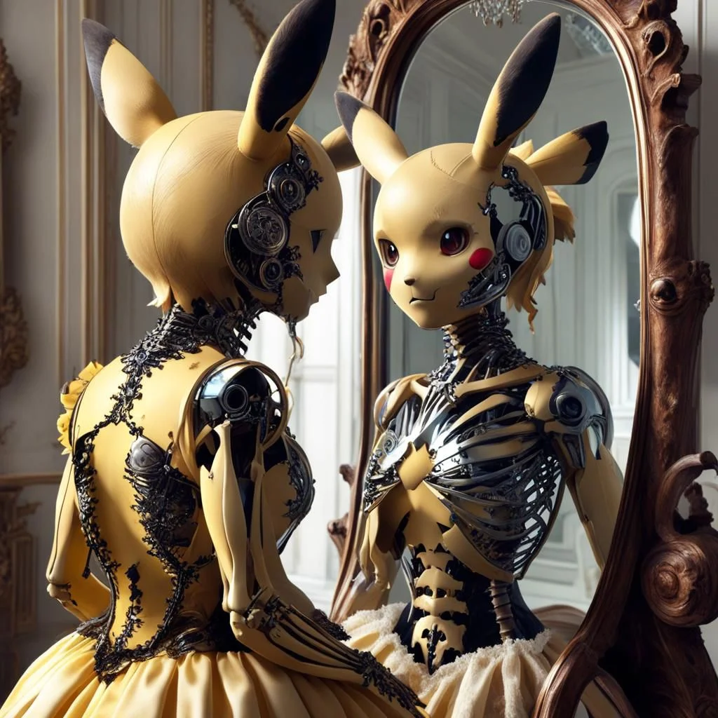 [pikachu mirror reflection : [pikachu | undead] reflection, intricate skeletal body :20]
BREAK
beautiful pikachu, from behind, looking into a mirror  <lora:GeorgianStyle:1> GeorgianStyle