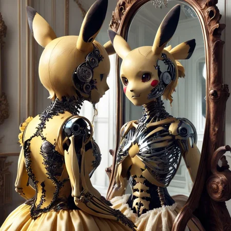 [pikachu mirror reflection : [pikachu | undead] reflection, intricate skeletal body :20]
BREAK
beautiful pikachu, from behind, looking into a mirror  <lora:GeorgianStyle:1> GeorgianStyle
