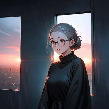 (graphic novel style, dark novel style:1.5),(anime), (masterpiece:1.4), (soft cinematic light:1.1), incredibly lifelike, Extremely high-resolution details, 8k, best quality,extremely detailed, contrast,
high tech design,
 gallery of contemporary art, inside, portrait old woman against the backdrop of a giant floor-to-ceiling window, through which one can see a city landscape with skyscrapers and a sunset , open mouth, one portrait ((elderly)) woman in a ((black long dress)) and black high-heeled shoes, elderly, old woman, [Nordic], Hourglass elongated body, Oval Face, Long neck, Rounded shoulders, long slim thin arms, Attached Pointed ears, round forehead, (gray Updo short combed back hair), snub nose, Arched eyebrows, Monolid black Eyes, High Round Narrow cheekbones, Hollow Cheeks, Rounded Chin, Rounded Jawline, thin Lips, (black eyes), (square glasses), (Wrinkles),