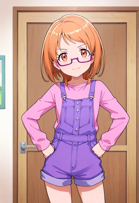 masterpiece, best quality, absurdres, very aesthetic, general,
shirabe ako, casual, 1girl, solo, overalls, short hair, brown eyes, eyelashes, looking at viewer, brown hair, smile, under-rim eyewear, pink-framed eyewear, orange eyes, pink shirt, orange hair, standing, cowboy shot, closed mouth, purple-framed eyewear, v-shaped eyebrows, long sleeves, indoors, red-framed eyewear, clenched hands, hands on hips, long hair, blonde hair, hand on hip, light brown hair, flat chest, buttons, shorts, doors, medium hair, eyebrows visible through hair, light smile, hands on own hips
<lora:cure_muse_shirabe_ako_illustXL_locon_v1:0.7>