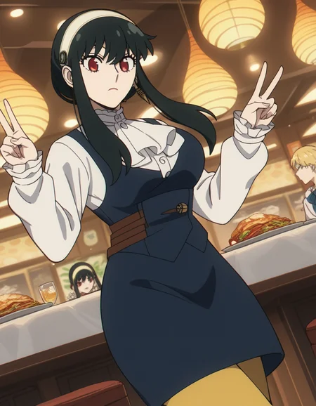 score_9, score_8_up, score_7_up, source_anime, <lora:yor-briar-movie-ponyxl-lora-nochekaiser:1>, yor briar, black hair, red eyes, sidelocks, hairband, short hair with long locks, white hairband, large breasts,, shirt, long sleeves, pantyhose, ascot, frilled sleeves, blue dress, white sleeves, restaurant, laughter, good food, warm lighting, celebration, , , v,, solo,, cowboy shot, dutch angle,