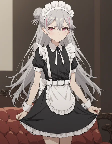 score_9,score_8_up,score_7_up,looking at viewer,maid,maid headdress,
<lora:duominixi_pony:0.7>,duominixi,1girl,solo,grey hair,pink eyes,jewelry,hair bun,long hair,thighs,<lora:Anime_Screencap:1>,anime screencap,flat chest,eyelid_pull,