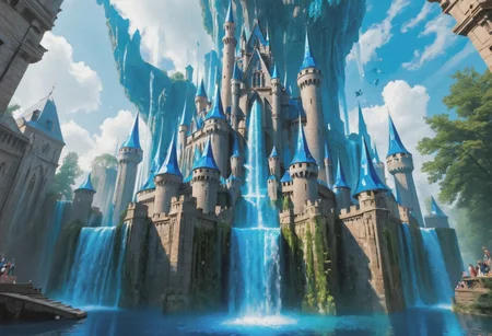 a castle magically floating in the sky, a waterfall flows from the castle to the ground, sharp faceted blue crystals decorate the castle, looking up from the ground view, see the underside of the castle