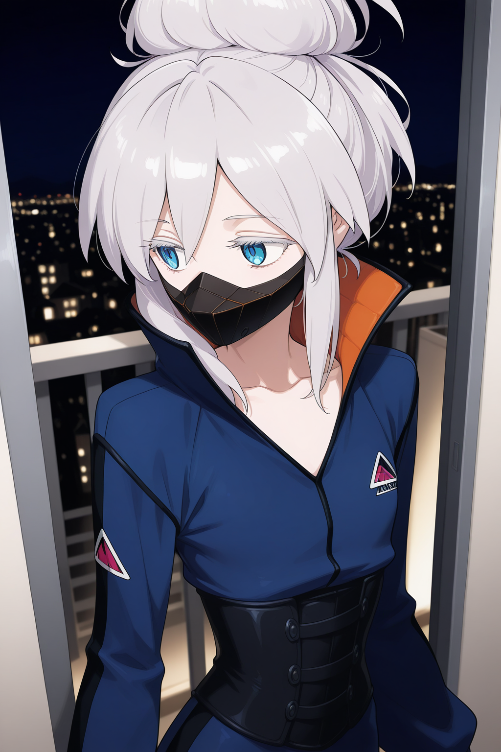 1girl,
DeuxMurasameGundamGQ, DMPilotSuit,
general, solo, perspective, upper body,
grey hair, blue eyes, colored eyelashes, collarbone,
mouth mask,
popped collar, blue bodysuit, long sleeves, corset,
looking away, 
night, apartment, glass wall, balcony, soft lighting,
depth of field,
<lora:kp_DeuxMurasameGundamGQIllustrious_v1_0:1.0>,
masterpiece, best quality, amazing quality