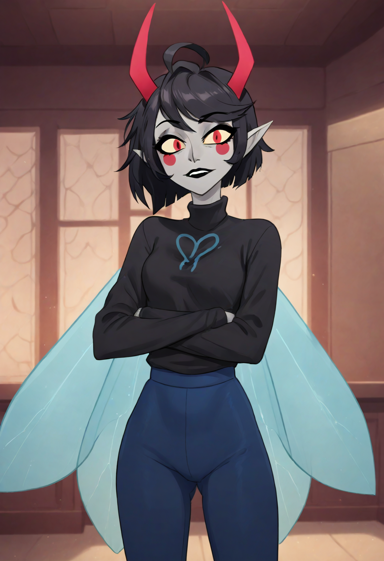 score_9, score_8_up, score_7_up, HD, best quality, masterpiece, hazbin, solo, 1girl, black hair, horns, antennae horns, pointy ears, makeup, coloured skin, grey skin, insect wings, black sweater, symbol on sweater, fly \(symbol\), blue pants, tight pants, indoors