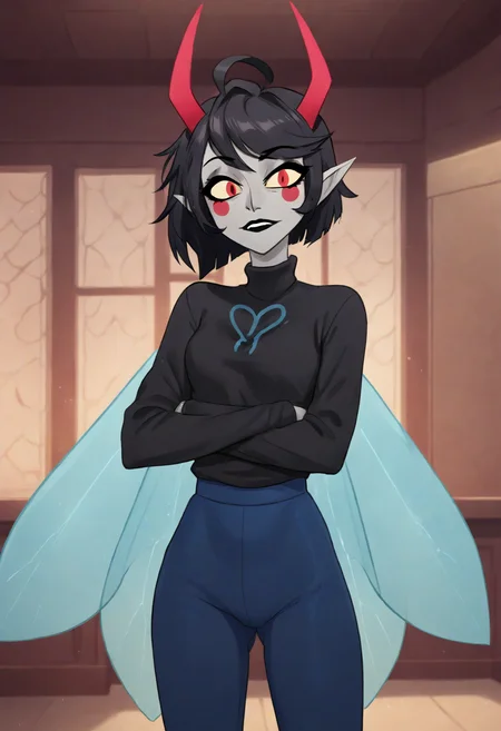score_9, score_8_up, score_7_up, HD, best quality, masterpiece, hazbin, solo, 1girl, black hair, horns, antennae horns, pointy ears, makeup, coloured skin, grey skin, insect wings, black sweater, symbol on sweater, fly \(symbol\), blue pants, tight pants, indoors