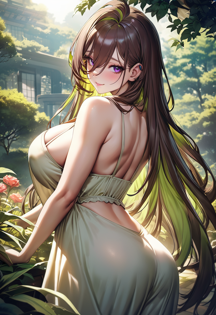 masterpiece, best quality, 1girl, solo, guilty \(nikke\), from behind, purple eyes, very long hair, brown hair, green hair, colored inner hair, garden, (yellow sundress:1.2), (stanley lau:0.8), pastel colors, (neoartcore:0.1), game cg, dappled sunlight, sunlight, sunbeam, tree shade, <lora:guilty-nikke-richy-v1_xl:1.0> looking at viewer, looking back, smile, large breasts, back