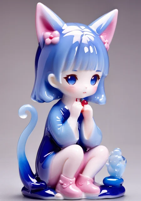 <lora:ççå°å¥³xl1V10:1>,a girl formed of colored glaze,cat_ears,coloured glaze,whole body,sitting,(glass:1.4),blue clothes,pink hair,little_girl,