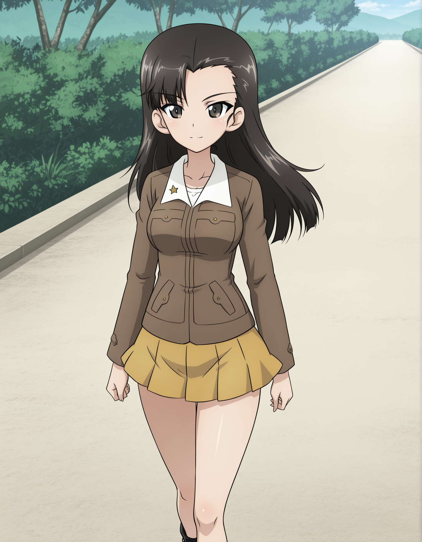 masterpiece, best quality, absurdres, highres, <lora:nishi kinuyo illu:0.9> nishiillu, chi-hatan military uniform, white shirt,  brown jacket, long sleeves, yellow skirt, walking, outside, light smile, anime screenshot, girls und panzer, solo