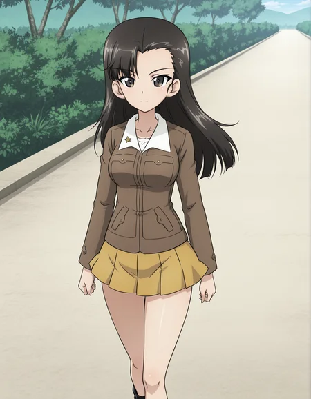 masterpiece, best quality, absurdres, highres, <lora:nishi kinuyo illu:0.9> nishiillu, chi-hatan military uniform, white shirt, brown jacket, long sleeves, yellow skirt, walking, outside, light smile, anime screenshot, girls und panzer, solo