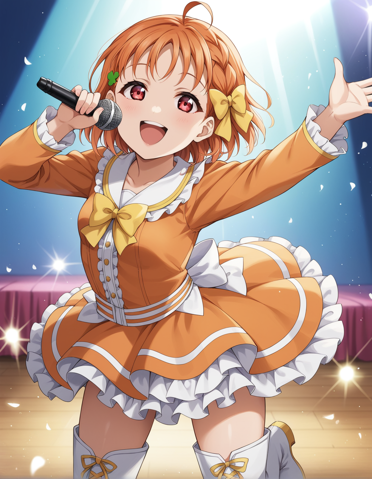 score_9, score_8_up, score_7_up, source_anime, rating_safe, BREAK <lora:chikaTakami_XL-Pony_LoRA-C3Lier_16-16-8-8_AdamW_Un3e-4_Te1.5e-4_10batch:1>, takami chika, 1girl, red eyes, orange hair, ahoge, short hair, braid, side braid, small breasts, clover hair ornament, hair bow, yellow bow, frilled dress, orange dress, long sleeves, frilled sleeves, ribbon, frilled skirt, layered skirt, thigh boots, singing, holding microphone, dutch angle, idol, smile, open mouth, confetti, light particles, light rays, stage, stage lights, spotlight