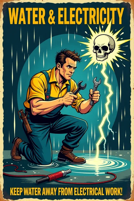 "Vintage safety poster cartoon depicting a worker foolishly attempting to repair electrical wiring while knee-deep in a puddle of water, rain pouring down around him and lightning flashing dramatically in the background. He's holding a wrench and screwdriver, with exposed, sparking wires dangerously close to the water. His hair is standing on end, and a comical skull and crossbones appears momentarily above his head as electricity crackles around him. The sign text in vintage font screams: 'WATER & ELECTRICITY: A SHOCKINGLY BAD MIX! KEEP WATER AWAY FROM ELECTRICAL WORK!' Render in a high-contrast, vintage cartoon style, using dramatic shadows and bright flashes of electricity to emphasize the danger. Utilize a palette of electric blue, warning yellow, and stark black to create visual impact. Visually stunning vintage cartoon, impactful safety message, high detail in rain effects, electrical sparks, and the worker's foolish actions." <lora:REMEs_War_Poster_Style:0.9> In REME's War Poster Style,âââ