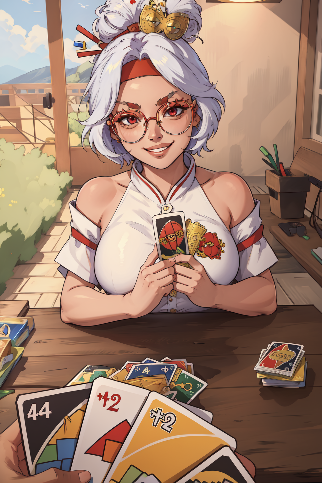 (masterpiece, best quality, absurdres, 4k, aesthetic, detailed, intricate, perfect lighting),<lora:unomeme_v1:0.7>  unomeme,playing card game, across table,1girl,purah,red glasses, hair ornament, hair stick, red headband, white shirt, bare shoulders,  smug, grin,parted lips  <lora:purah-nvwls-v3-2:0.7>