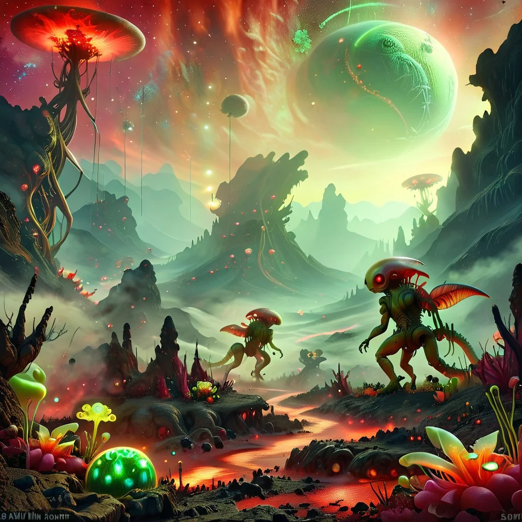 Full body photo of an alien creature running to viewer with another world extraterrestrial landscape, surreal mountains, with giant alien flower animals, live shrooms, fantasy dream, starry sky with large planets, transparent plasma tubes, detailed hyperrealism, 35mm photography, edgy street art, dynamic angle, flowing colors, fractal art, intricate, science fiction, alien species