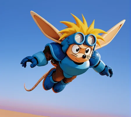 score_9, score_8_up, score_7_up, high res:1.5, digital media (artwork), 3d (artwork), blender (artwork), emanata, solo focus, rksparkster, marsupial, american opossum, rodent tail, animal ears, long ears, black nose, whiskers, goggles on eyes, blonde hair, spiky hair, jet pack, blue armor, blue boots, tan skin, anthro, male, (flying, midair), jet flame, rocket propulsion, low-angle view, sky scenery, <lora:Sparkster_-_Rocket_Knight_Adventures:0.9>