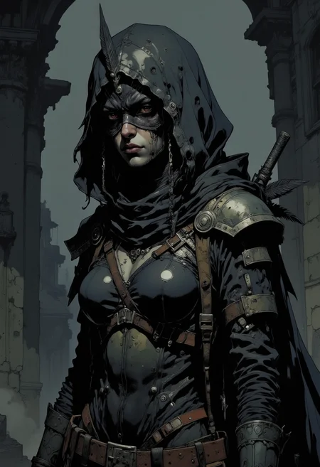 A portrait of a woman hunter dressed in a dark and ominous outfit. The person is wearing a black hooded cloak with a hood that covers their face and upper body. The cloak is made of a shiny, metallic material and has intricate designs and patterns on it. The hood is also covered with a black mask that covers the person's eyes and nose. On the left side of the person, there is a large, pointed headpiece with a feather-like design. The background is dark and foggy, creating a dramatic and ominous atmosphere. The overall mood of the image is ominous and foreboding. Bloodborne art. Mangaka style.