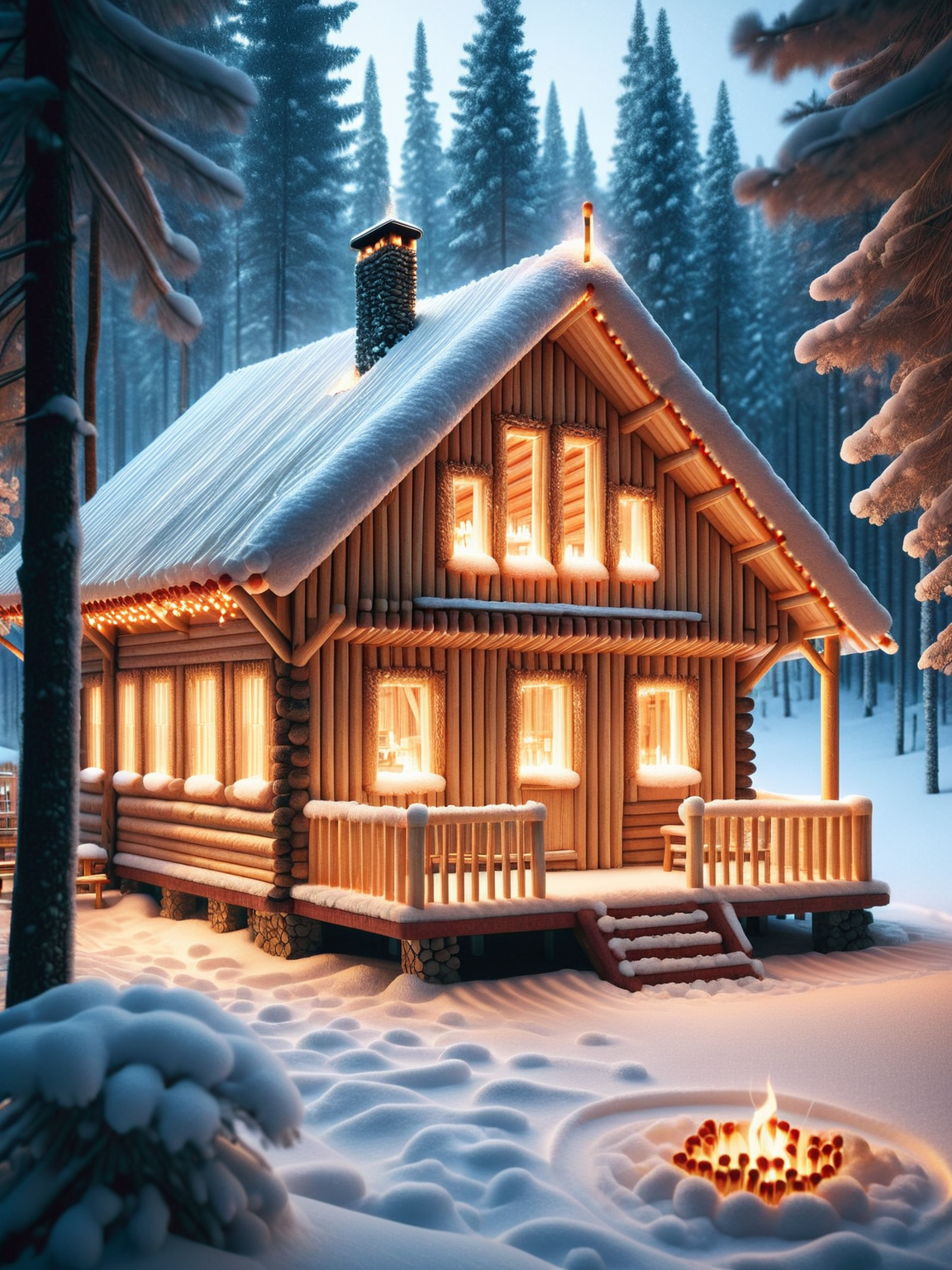 A cozy cabin made of ais-matches nestled in a snowy forest, its windows glowing with warm light <lora:Matches_Style_SDXL:1>