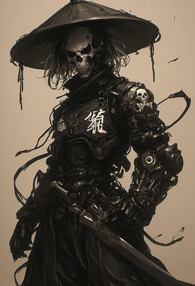 assassinkahb style, a black and white photo of an Cyborg Samurai assassin wearing a high collar motorcycle jacket with japanese writing on the back, fight stance, fists up, Split, solo, simple background, shoulders implementations of wires and nano Future Tech, Large sedge hat, 1boy, white background, jacket, monochrome, upper body, greyscale, male focus, long hair in wind, weapon, clothes writing, skull, skeleton, japanese flag, creating a Synthwave sunrise scene with bleaked dark colorful Neon and black details,