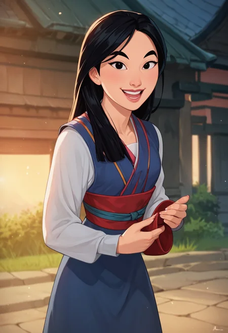 PonyXLV6_Scores,source_anime,masterpiece,best quality, highly detailed, perfect anatomy,amazing quality,
BREAK
<lora:mulan:0.8>mulan,1girl, black hair, solo, long hair, black eyes, smile, open mouth, holding, looking at viewer, long sleeves, lips, korean clothes,outdoors,