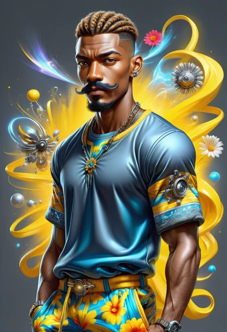 hyper detailed masterpiece, dynamic, awesome quality, DonMFmaXL male legal age balanced, african, steel gray eyes, narrow chin, round face shape, athletic triceps, zappa mustache , ginger high fade hair, interest wearing floral terry cloth diarylide yellow pleated shorts, variegated ikat turtleneck t-shirt, lip piercings ,, head tilted to the side, indicating thoughtfulness, bulky upper body clothing, crew neck, nano-linked membrane, photography chemicals, dolman sleeves, floor-length, empire waist, cross-back,,bow accents,,slit details,,whiskering,,hi-lo hem, tight lower body clothing, crepe, databank print, oversized fit, empire waist, button fly,,hi-lo hem, <lora:DonMFmaXL-000008:1>