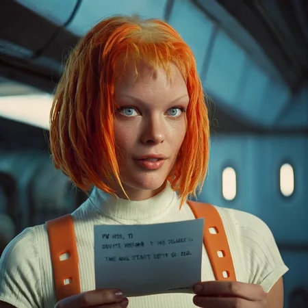 cinematic film still of <lora:add-detail-xl:0.7>1
<lora:detailed:0.4> detailed style
<lora:perfection style:0.4> perfection style
<lora:Le Cinquieme Element style:0.9>
In futuristic 2263 Leeloo2 a woman holding a piece of paper with a message,1girl,solo,looking at viewer,smile,short hair,blue eyes,shirt,holding,upper body,short sleeves,orange hair,grin,lips,crop top,suspenders , 23rd century, realistic, cinematic, film, movie, sci fi, science fiction, action film, The Fifth Element style, Le Cinquieme Element style, orange suspenders, shallow depth of field, vignette, highly detailed, high budget, bokeh, cinemascope, moody, epic, gorgeous, film grain, grainy