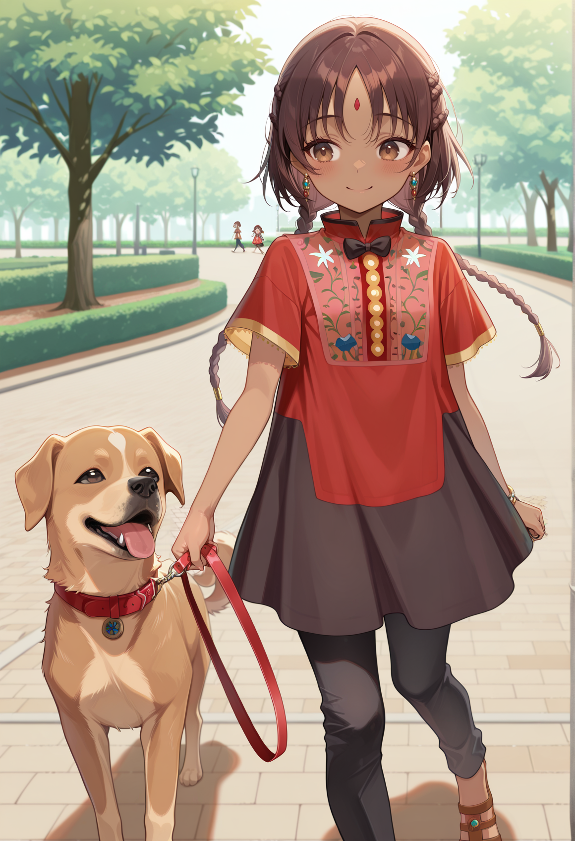 1girl, dark skin, brown hair, brown eyes, long hair, braid, low twin braids, jewelry, earrings, forehead mark, short dress, short sleeves, bowtie, floral print, black pants, outdoors, park, dog, leash, walking, smile <lora:Asha_FGO:1>, masterpiece, best quality, amazing quality, very aesthetic, absurdres, highres, newest