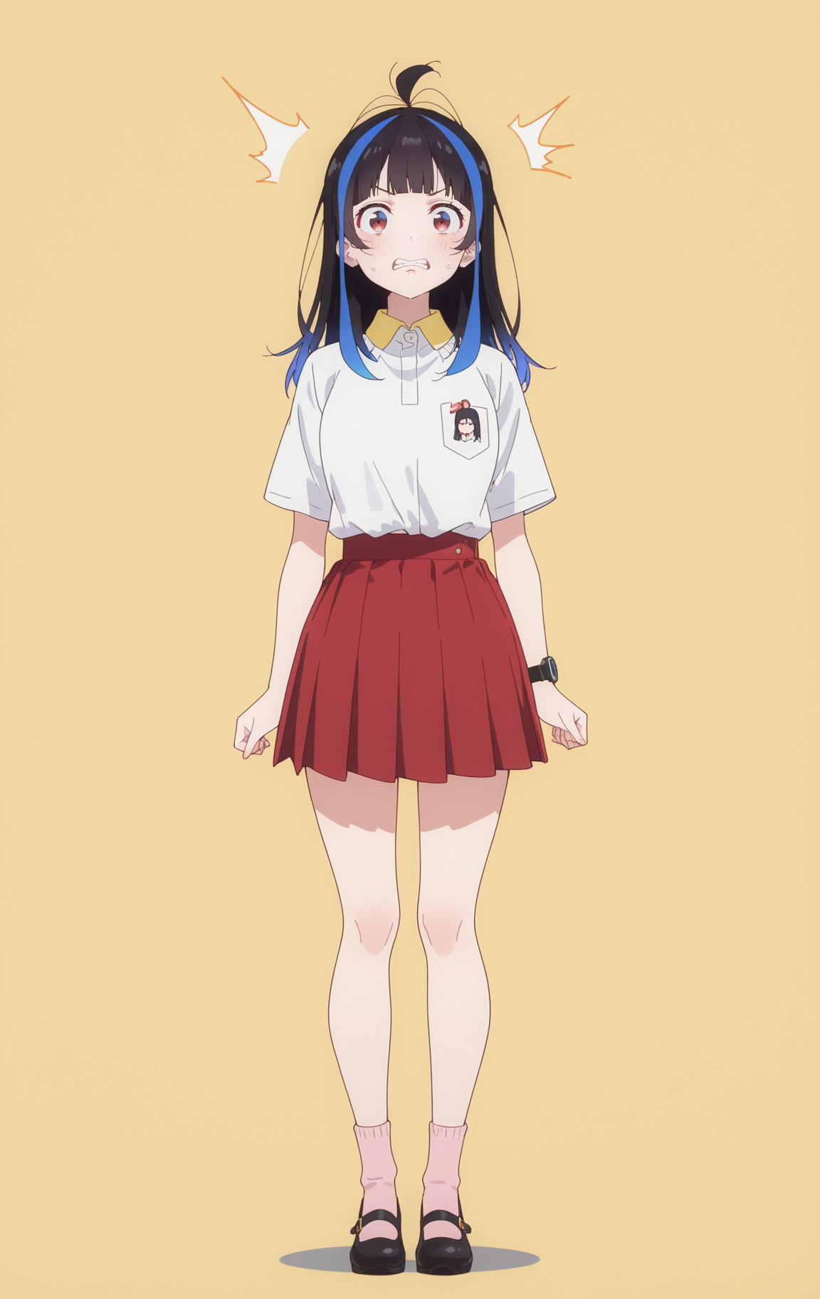 masterpiece,best quality,newest,absurdres,highres,
front view,full_shot,Shocked disbelief,looking_at_viewer,
<lora:YaemoriMiniCYQL:1>,YaemoriMiniCYQL,1girl,solo,black hair,blue hair,long hair,blunt bangs,antenna hair,streaked hair,multicolored hair,red eyes,shirt,white shirt,collared shirt,short sleeves,miniskirt,red skirt,pleated skirt,socks,pink socks,mary janes,black footwear,wristwatch,
full body,standing,grimace,,
yellow background,simple background,
<lora:spo_sdxl_10ep_4k-data_lora_webui:0.5>,<lora:EtherSDXL:0.6>,EtherStyle,<lora:illustrious_quality_modifiers_masterpieces_v1:0.7>,