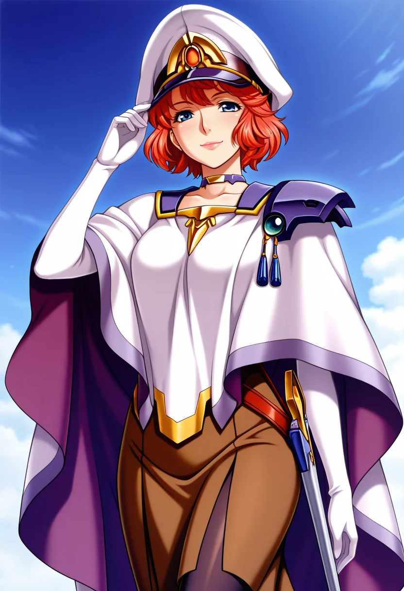 masterpiece,best quality,amazing quality, srw_lefina, 1girl, solo, red hair, fluffy hair, short hair, blue eyes, lips, peaked cap, choker, military uniform, cloak, white cloak, tassels, gloves, white gloves, scabbard, long skirt, brown skirt, tights, black tights, high heels, official art, cowboy shot, looking at viewer, smile,
blue sky, cowboy shot, 