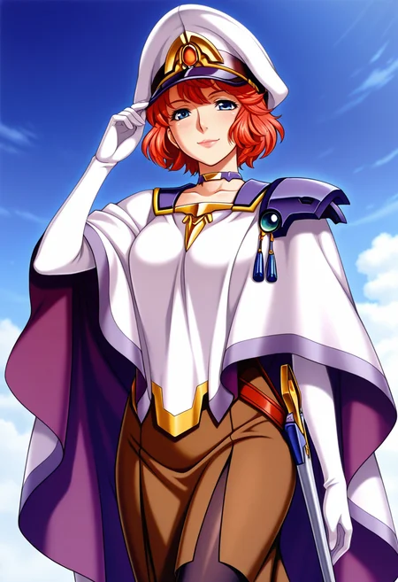 masterpiece,best quality,amazing quality, srw_lefina, 1girl, solo, red hair, fluffy hair, short hair, blue eyes, lips, peaked cap, choker, military uniform, cloak, white cloak, tassels, gloves, white gloves, scabbard, long skirt, brown skirt, tights, black tights, high heels, official art, cowboy shot, looking at viewer, smile,
blue sky, cowboy shot,