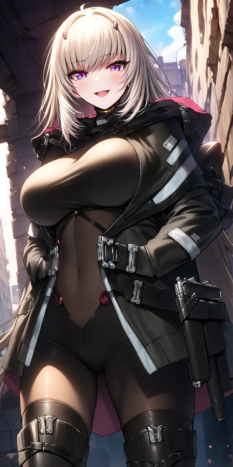 (masterpiece),(best quality),(ultra-detailed),(best illustration),(best shadow),(absurdres),(detailed background),(very aesthetic),warm lighting, 1girl, solo, seo_yoon, white hair, purple eyes, open mouth, large breasts, cowboy shot, leaning on the wall, black suit, boot, ruined city, hands inside pocket, arms beside waist, looking at viewer, smirk, skin suit, <lora:XL-ASeoYoonv1a:1>