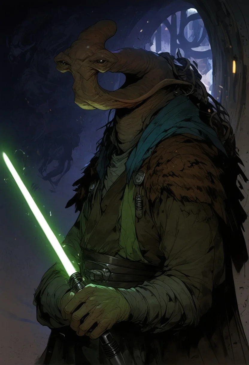 score_9, score_8_up, score_7_up, BREAK,
ithorian hammerhead alien on a space station, window showing stars and wormhole, dramatic lights, (((holding green lightsaber))), swordsman stance, Jedi Knight, Heroic Stance, (((ithorian hammerhead alien)))