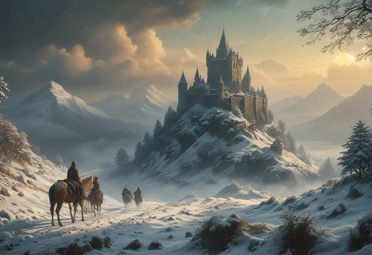 A mesmerizing depiction of a winter night in Camelot, perched atop a vast hill overlooking a serene lake in Wales. The ancient yet well-preserved Camelot exudes a modern charm, offering a comfortable and inviting atmosphere. This enchanting artwork portrays a tranquil early morning as the sun begins to rise over the picturesque hills, with Camelot standing steadfast amidst the snow-covered Welsh landscape. It evokes a cinematic journey back to the era of King Arthur and his knights, capturing the timeless beauty of the scene in stunning illustration,fog, best quality, double exposure, realistic, whimsical, fantastic, splash art, intricate detailed, hyperdetailed, maximalist style, psychedelic, post-apocalyptic, photorealistic, concept art, sharp focus, harmony, serenity, tranquility, halation, masterpiece, liiv1, linquivera, metix, mentixis, excellent composition, finest details, highest aesthetics, strong muted Highlighter, best quality sharp focus, high contrast, stylized, clear, natural colors, surreal, ultra quality, 8k, best quality, masterpiece, midjourneyv6.1, detailxl, JuggernautNegative
