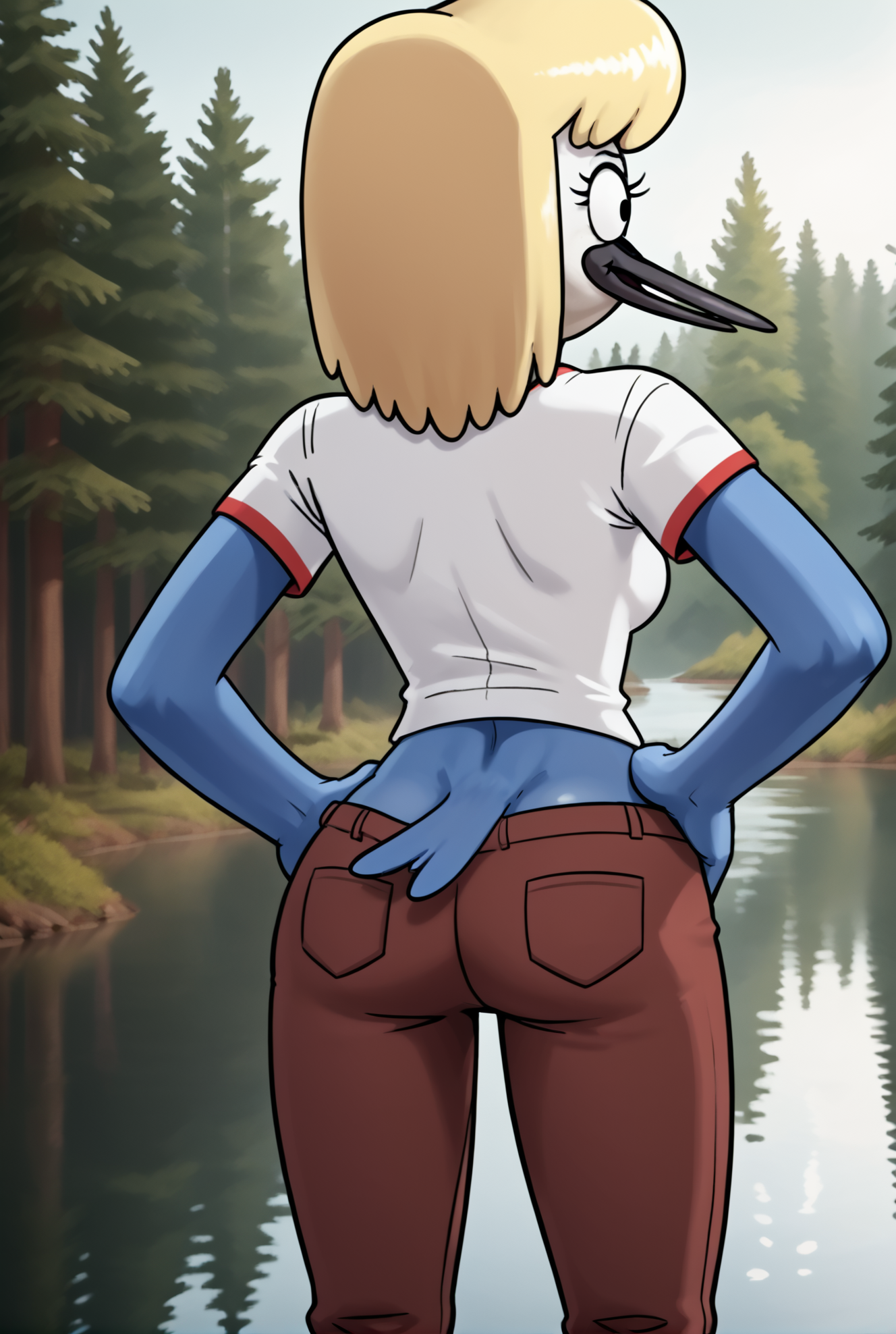 score_9, score_8_up, score_8,
 <lora:Hilary_Regular_Show_for_PonyXL:0.8> 1girl, furry female, h1l4ry, blonde hair, avian, solo, shirt, colored skin, pants, tail
parody, source_cartoon,
rear view, outdoors, forest, lake, hands on hips,