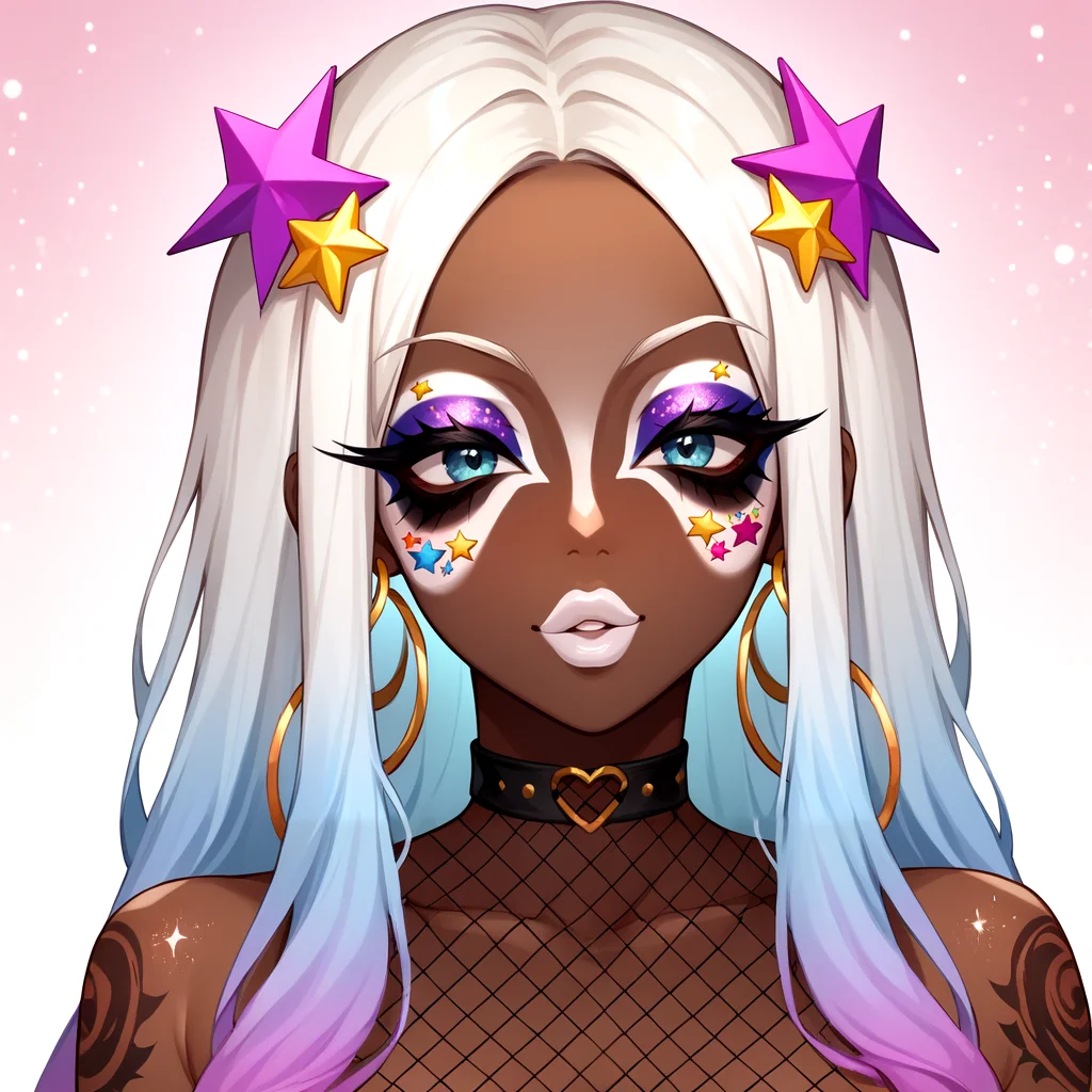 Score_9, score_8_up, score_7_up, score_6_up, source_anime, 1girl, solo, long hair, (abstract rectangular background), masterpiece, gradient hair, highlights, hoop earrings, dark-skinned female, tattoo, colored skin, BREAK, (yamanba, white facepaint makeup), star stickers, heart stickers, pursed lips, parted lips, BREAK, eyeshadow, very dark skin, makeup, animal print, fur, fishnets, choker, (glitter, long eyelashes), slutty clothes, jewelry, white face tattoo, large intricate hair accessories, hair ornament, intricate hair, <lora:Yamanba_Face:0.75>