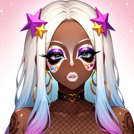 Score_9, score_8_up, score_7_up, score_6_up,  source_anime, 1girl, solo, long hair, (abstract rectangular background), masterpiece, gradient hair, highlights, hoop earrings, dark-skinned female, tattoo, colored skin, BREAK, (yamanba, white facepaint makeup),  star stickers, heart stickers, pursed lips, parted lips, BREAK, eyeshadow, very dark skin, makeup, animal print, fur, fishnets, choker,  (glitter, long eyelashes), slutty clothes, jewelry, white face tattoo, large intricate hair accessories, hair ornament, intricate hair, <lora:Yamanba_Face:0.75>