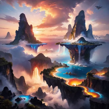 (masterpiece:1.4), (colourful, soft cinematic light:1.1), incredibly lifelike, Extremely high-resolution details, 8k, best quality, extremely detailed, contrast,
(top view), (flying separately paradise islands fly in outer space), waterfall, floating
separately tropical island, (oil paint, oil art,) cloud, sunset, mountains, rainbow, haze,