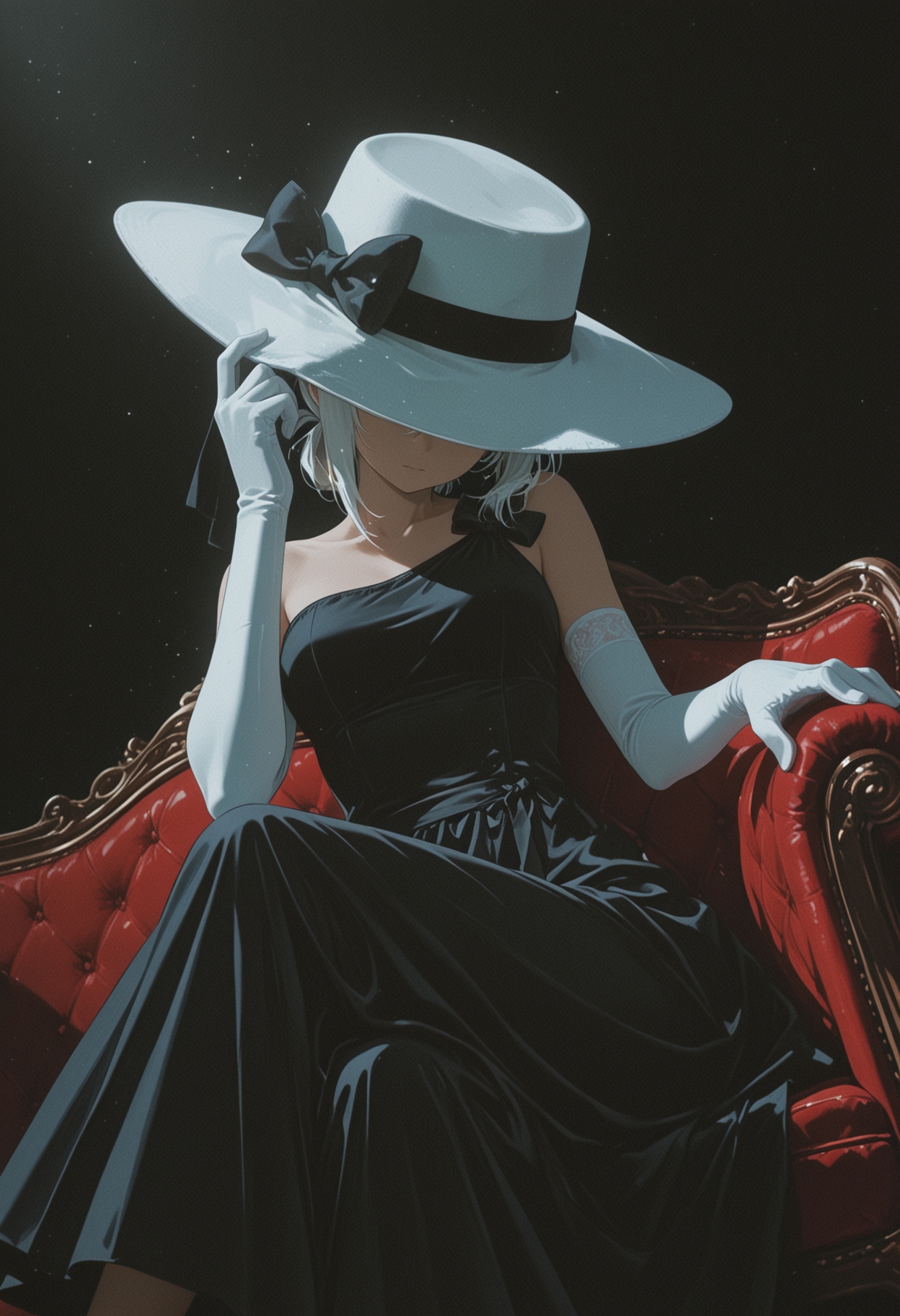 masterpiece, best quality, (anime coloring), (minimalism:0.8),
solo, 1girl, mysterious woman, white hair, short hair, folded ponytail, hat over eyes, wide brim hat, white hat, floppy hat, black ribbon bow, elegant dress, black dress, single strap clothing, white gloves, elbow gloves, elegant pose, tilted head, looking down, graceful pose, high class fashion, sitting on couch, victorian furniture, hand on hat, crossed legs, dynamic angle, dark background, high contrast, spotlight effect, cinematic lighting