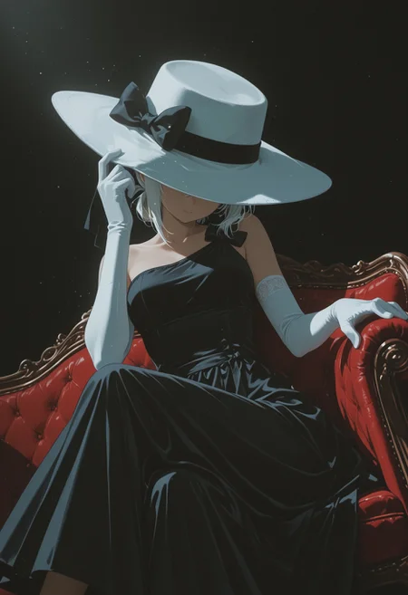 masterpiece, best quality, (anime coloring), (minimalism:0.8),
solo, 1girl, mysterious woman, white hair, short hair, folded ponytail, hat over eyes, wide brim hat, white hat, floppy hat, black ribbon bow, elegant dress, black dress, single strap clothing, white gloves, elbow gloves, elegant pose, tilted head, looking down, graceful pose, high class fashion, sitting on couch, victorian furniture, hand on hat, crossed legs, dynamic angle, dark background, high contrast, spotlight effect, cinematic lighting