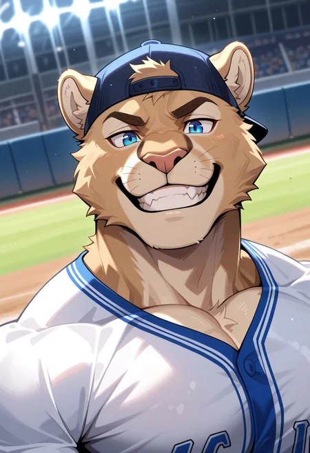 yaco puma, solo, furry, cougar, perfect eyes, perfect face, grin, brown fur, tail, blue eyes, muscular, athletic build, large pectorals, dynamic angle, upper body, face focus, portrait, baseball uniform, sportswear, backwards cap, unparalleled masterpiece, best quality, amazing quality, very aesthetic, high resolution, 4K, extremely-detailed, depth of field, high sharpness, newest, scenery, detailed fur, detailed muscles, cinematic lighting, semi-realistic, <lora:YacoPumav1:1>