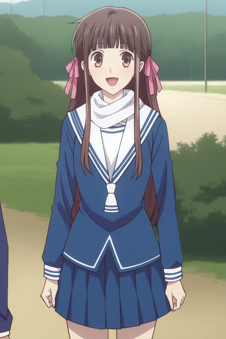 score_9, score_8_up, score_7_up, source_anime,anime screencap,anime coloring,
 <lora:Tohru_Honda:1>1girl, solo, brown hair, long hair, brown eyes, blunt bangs, Tohru blue school uniform | hair ribbons, serafuku, pleated skirt, hair ribbons, pink ribbons | white scarf, bag
scenery, outdoors, outside of a school gate,
full body shot, looking at the viewer, mouth open, big smile