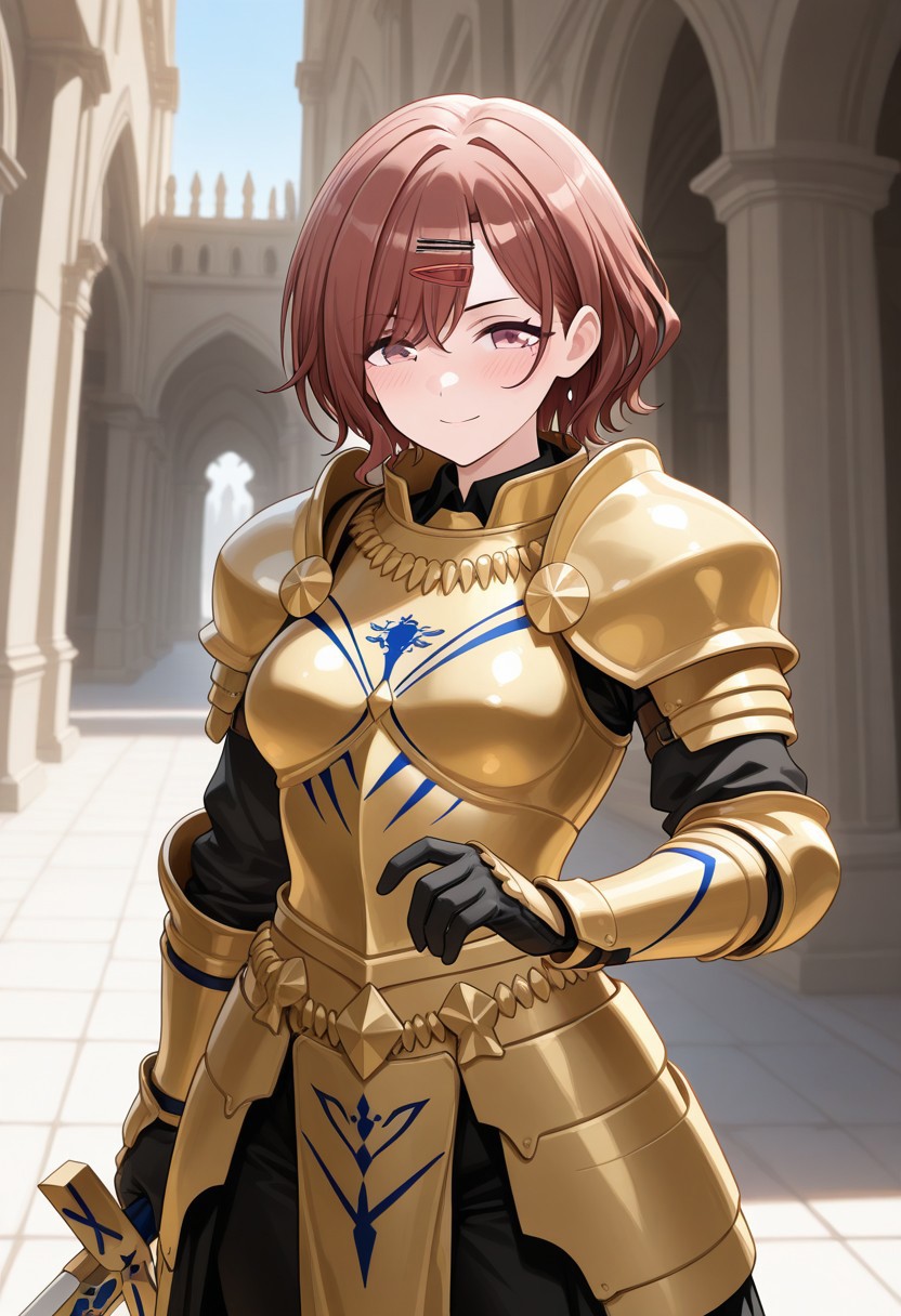 1girl, Higuchi Madoka idolmaster shiny colors, A face full of confidence, full armor, Raising the sword, gilgamesh armor, proud smile, medium breasts, hairclip, holding excalibur sword, Indoors, outdoors, blush, looking at viewer, masterpiece, best quality, amazing quality, newest, absurdres, highres, high detailed, masterpiece, best quality, amazing quality, newest, absurdres, highres, high detailed