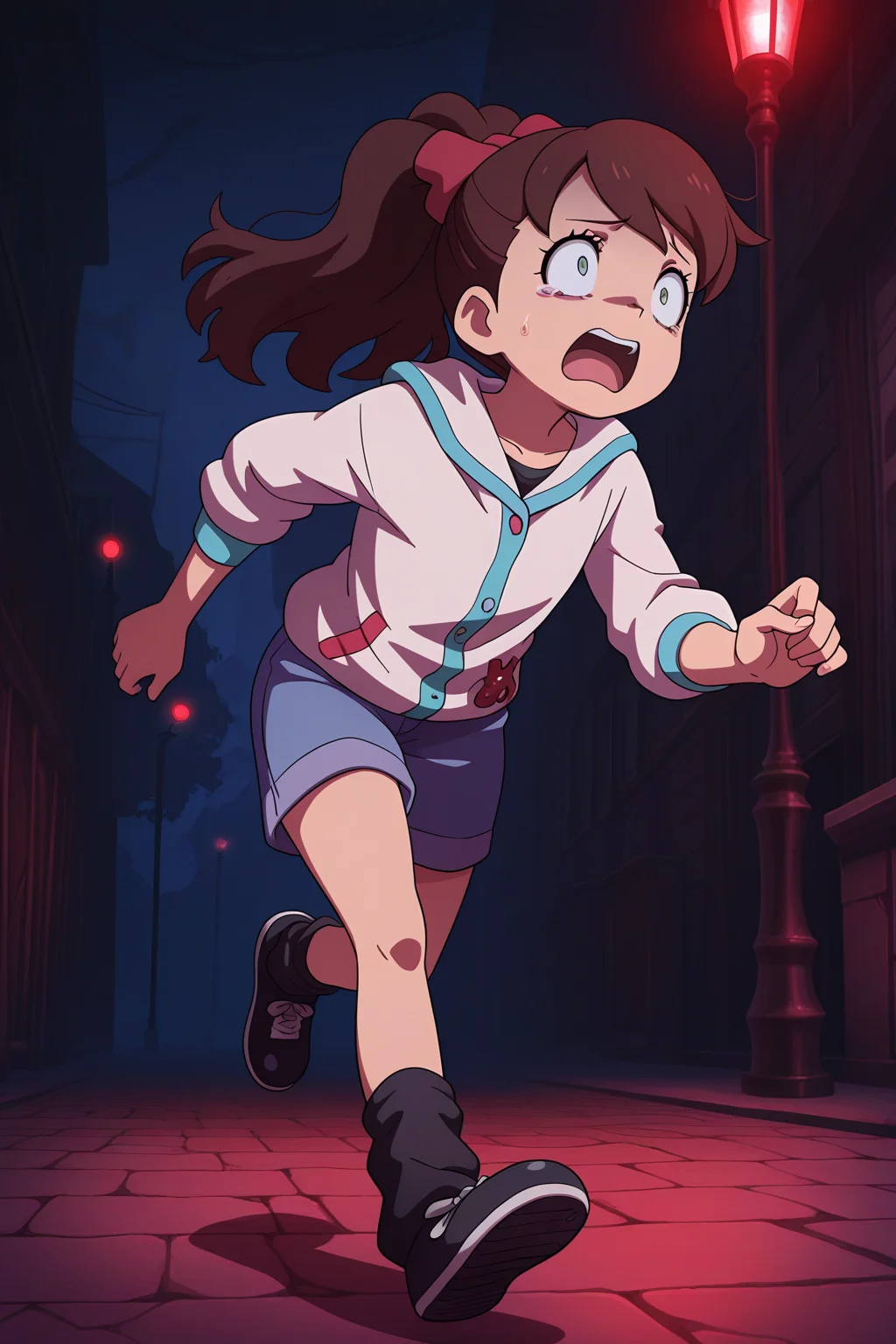 masterpiece, best quality, amazing quality, absurdres, kodamafumika, brown hair, high ponytail, solo, scared, panicking, running, white jacket, blue shorts, black ankle warmers, black shoes, outdoors, night, dark atmosphere, red lighting, dark alleyway, lamppost