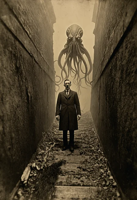 antique photo, eerie atmosphere, creepy, descent into madness, cthulhu mythos, nameless ones,  horror, lovecraft, <lora:Antique_Photo:1>