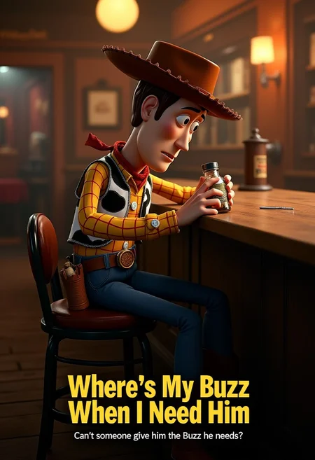 The poster shows a dejected-looking toy cowboy Woody from Toy's Story sitting alone at a bar in an Old West-style saloon. His posture is slumped, conveying exhaustion and too much depression. In his hand is a small bottle, perhaps labeled "Snake Oil" or something similarly toy-appropriate. The lighting is dim and moody, emphasizing the somber atmosphere.
at the bottom is The very big title "Where's My Buzz When I Need Him?" in style imitation of Toy's Story logo.
Below the title, in smaller text "Can't someone give him the Buzz he needs?"