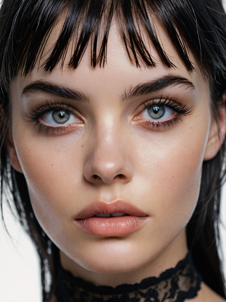 fashion photo, French supermodel, age 23, frontal shot, sharp caucasian features, high cheekbones, sharp nose, fierce eyes, moist lips, chin raised, head tilted to the left, thick black eyebrows, long thick eyelashes, small pointy breasts, detailed steel gray eyes, contacts, eye focus, perfect shiny thick black lush hair, forehead covered by bangs, glossy neat:1.5 French bob haircut, very neat:1.5 hair, very voluminous neat:1.5 hair, long blunt bangs reaching eyebrows, ((one eyebrow raised)), perfect coiffure, perfect styling, detailed black lace choker, pale creamy skin, desaturated colors, beautiful lighting, edge lighting, dimensional lighting, 4K, hyperrealistic, wide shot, shot on hasselblad <lora:detailed_realistic_eyes-gmr:0.8>